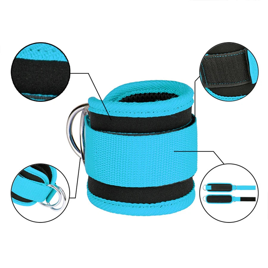 Set of adjustable neoprene ankle straps in black and bright blue for leg training