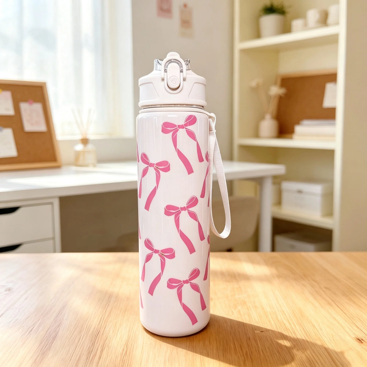 A white reusable water bottle with pink strawberry bow designs standing on a wooden table.