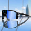 A pair of black polarized cycling sunglasses resting on a reflective surface.