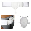 Cinturón de hernia blanco con arnés y abertura acolchada, junto a un primer plano del dispositivo.