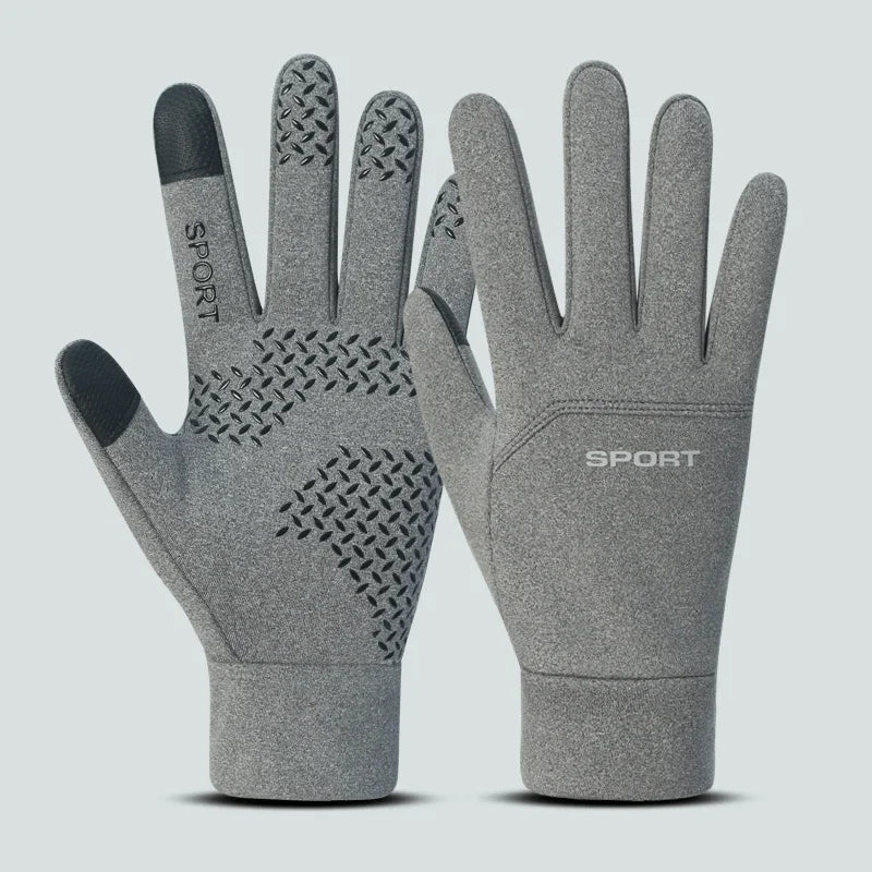 A pair of gray sports football gloves shown against a light background.