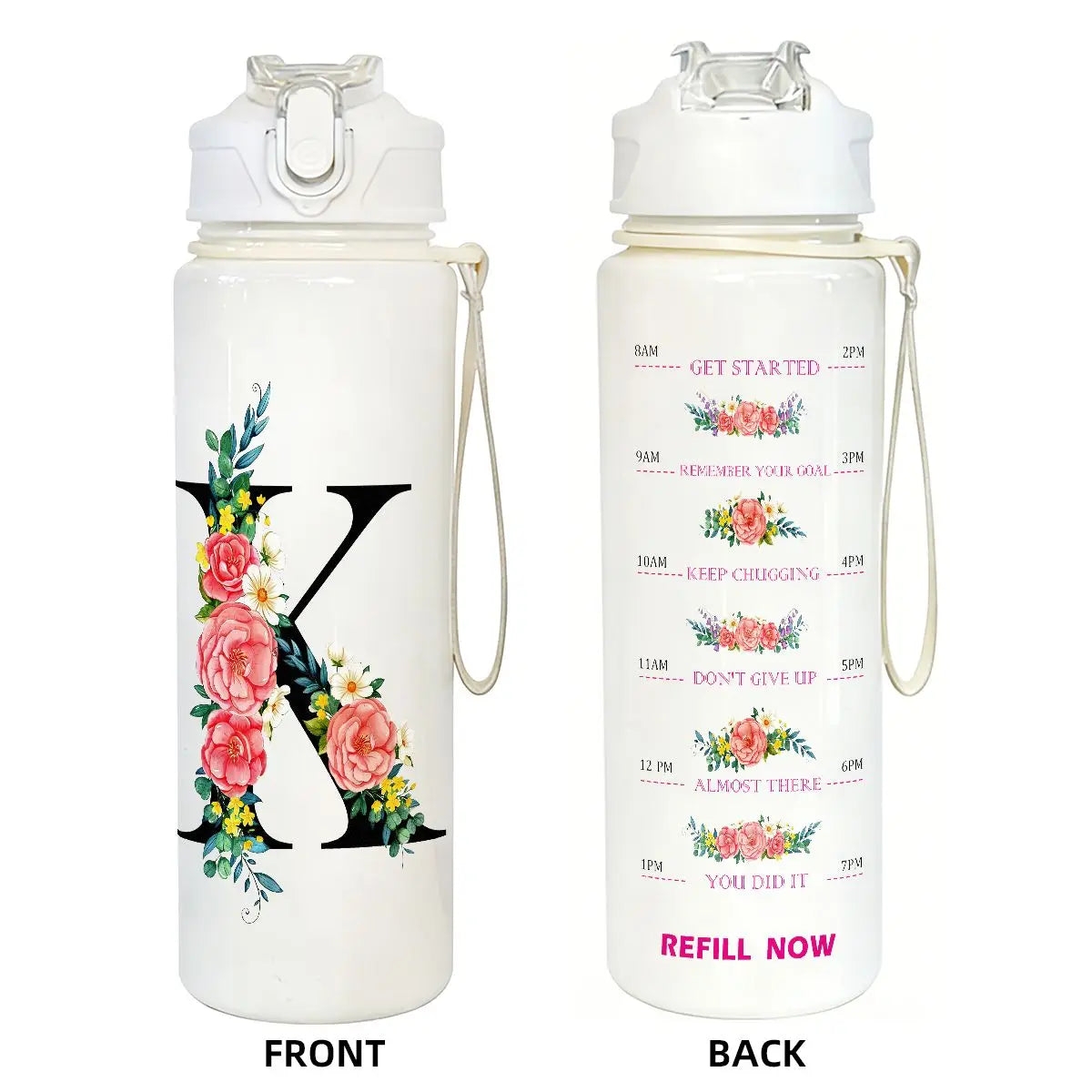 Front and back views of a white insulated straw tumbler featuring a large letter K design