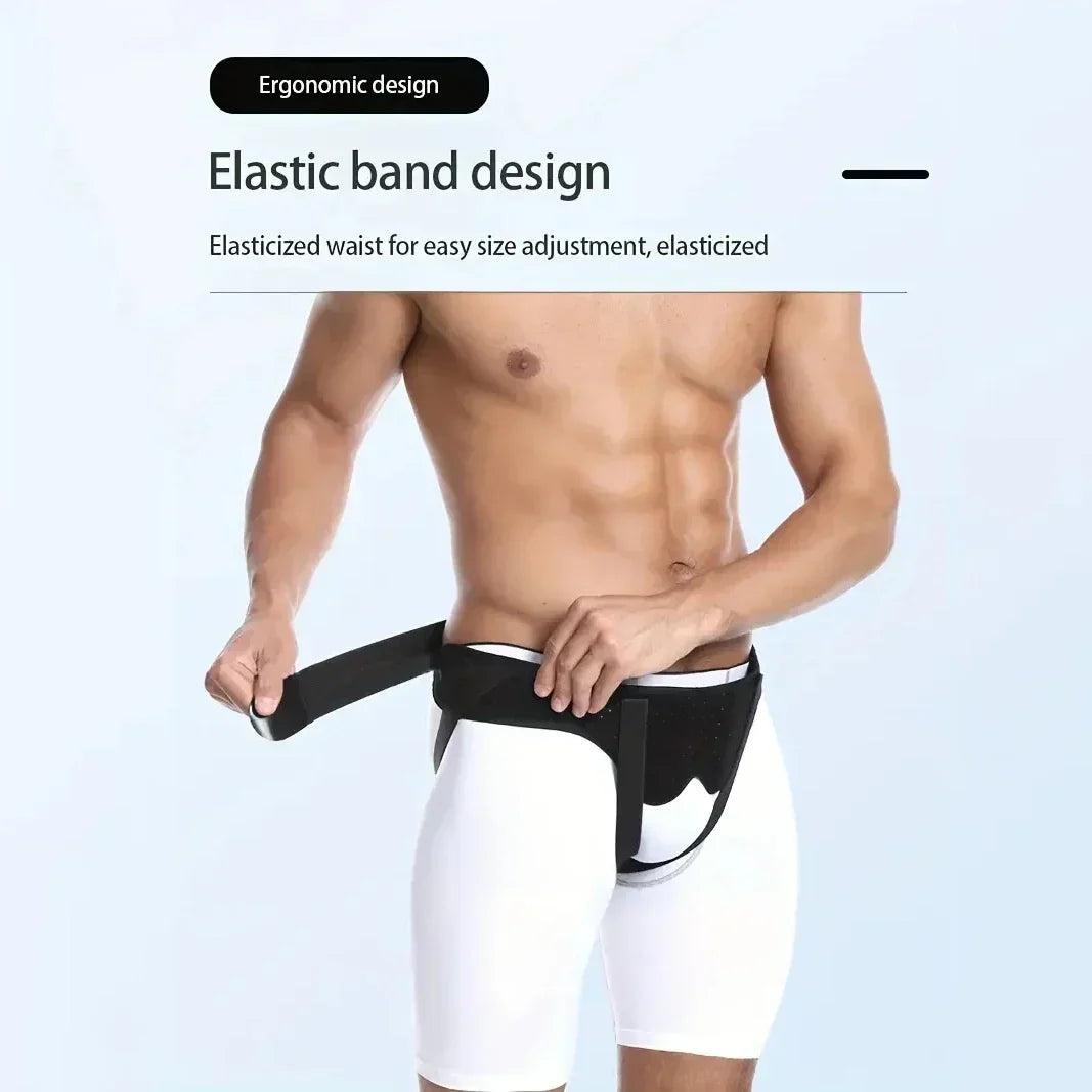 A person wearing a black elastic band design support belt for waist adjustment.