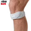Gray adjustable patellar tendon support knee brace worn on the lower leg.
