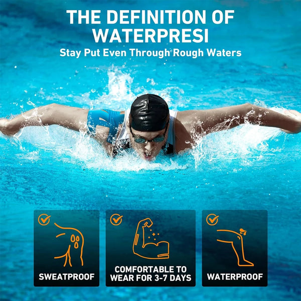 A person swimming in blue water, demonstrating the definition of waterpresi.