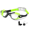 A pair of neon yellow and black professional anti-fog swimming goggles with silicone strap and lens.