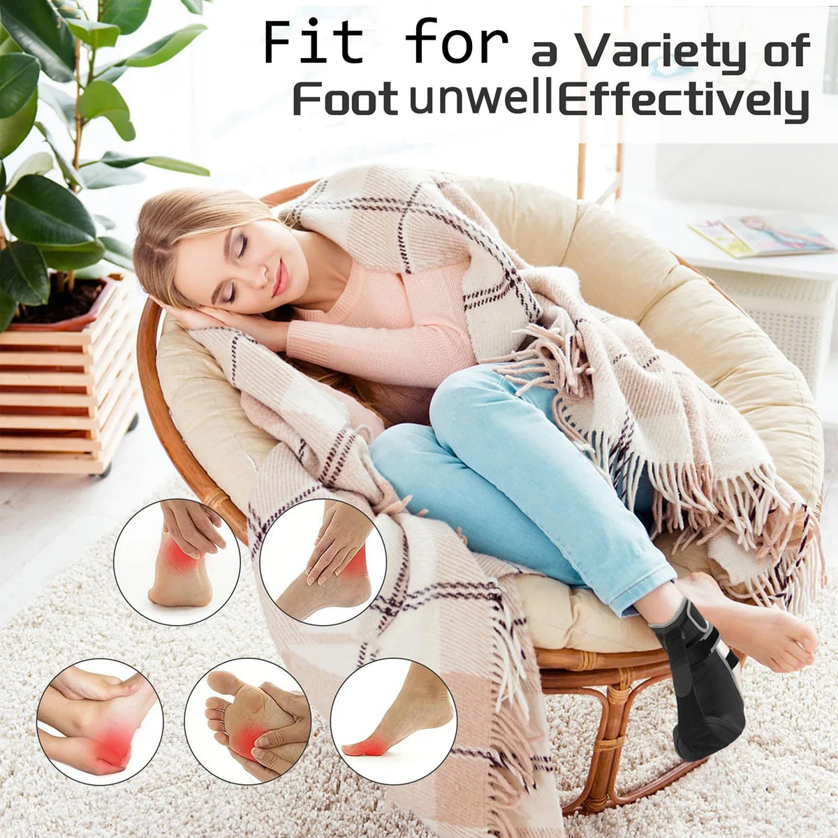 A woman is relaxing while wearing comfortable night splint socks for foot pain relief.