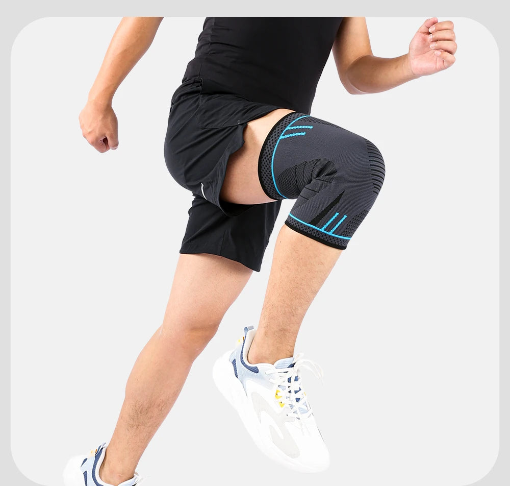 A person wearing a black compression knee support sleeve while running or exercising.