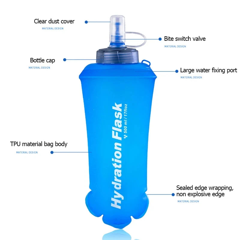 A clear blue hydration flask with a bite switch valve and sealed edge wrapping.
