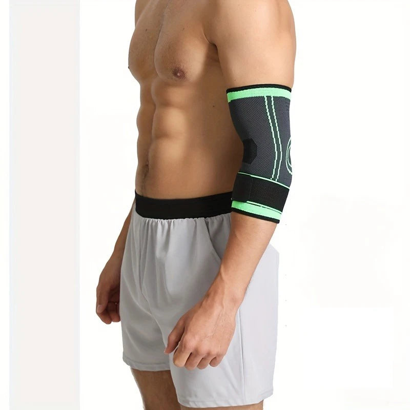A muscular arm wearing a black and neon green joint support elbow protector sleeve on the forearm.