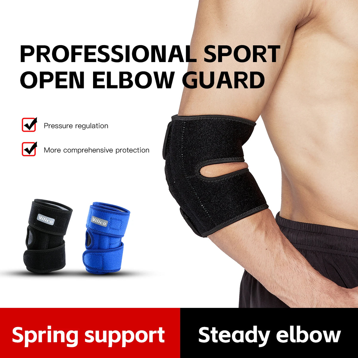 Person in black elbow guard for sports, demonstrating pressure regulation and comprehensive protection.