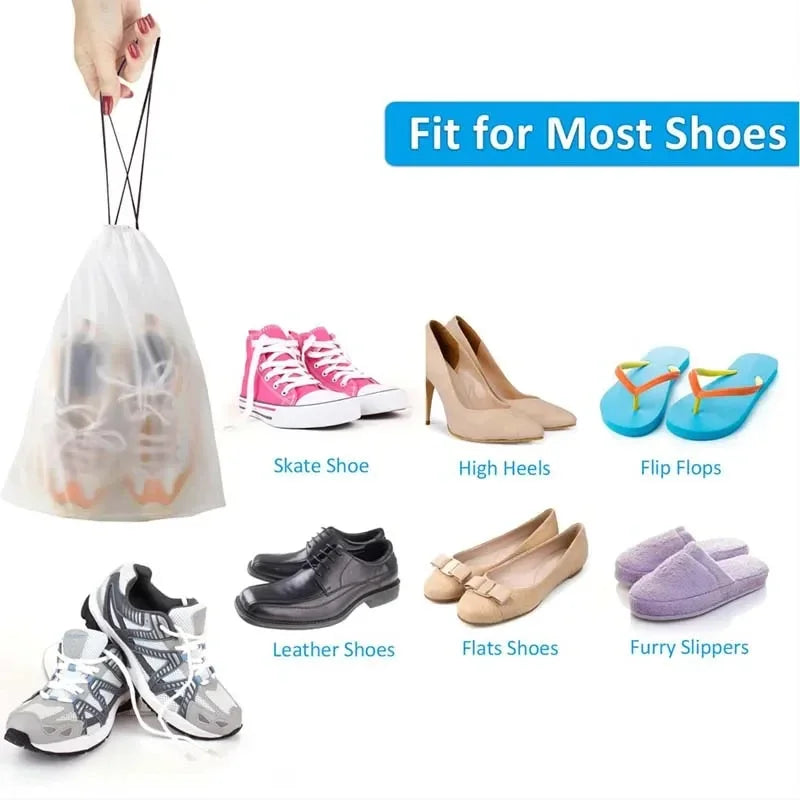 A collection of various shoes, including sneakers, heels, and flats, are displayed next to a reusable drawstring storage bag.