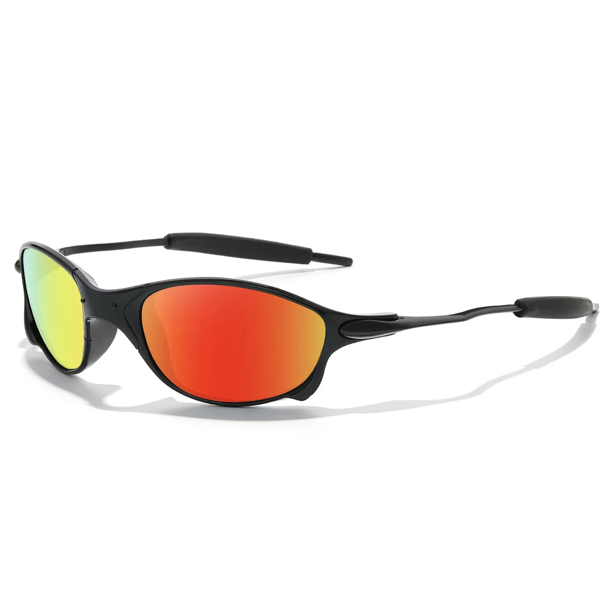 A pair of orange-tinted sunglasses with black frames shown against a white background.