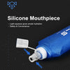 Blue silicone mouthpiece attached to a water bottle, demonstrating light squeeze for hydration.