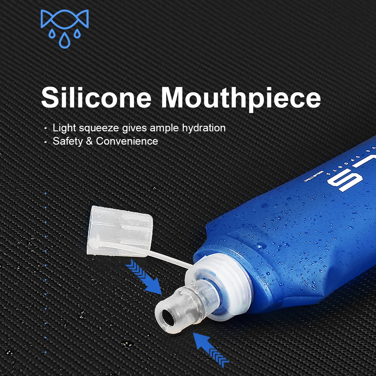 Blue silicone mouthpiece attached to a water bottle, demonstrating light squeeze for hydration.