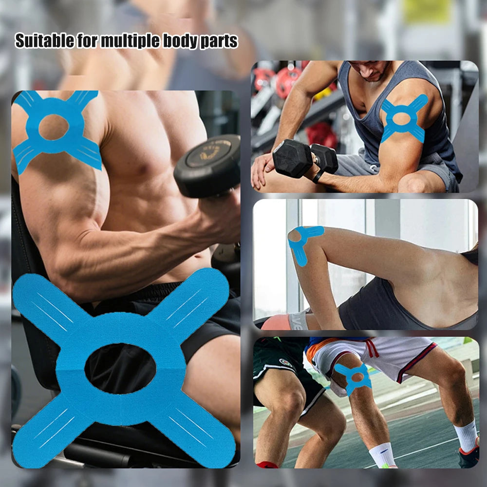 Blue kinesiology tape applied to various body parts for support and rehabilitation.