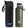 A dark green 1000ml stainless steel insulated thermos bottle with a black protective sleeve.