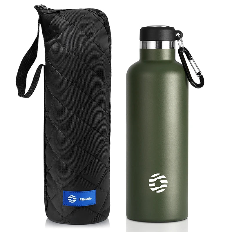A dark green 1000ml stainless steel insulated thermos bottle with a black protective sleeve.