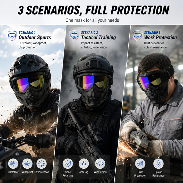 Three scenarios showing a dustproof full face mask for various needs including outdoor sports tactical training and work prot