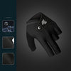 A black 3-finger snooker pool glove is shown against a dark gray background.
