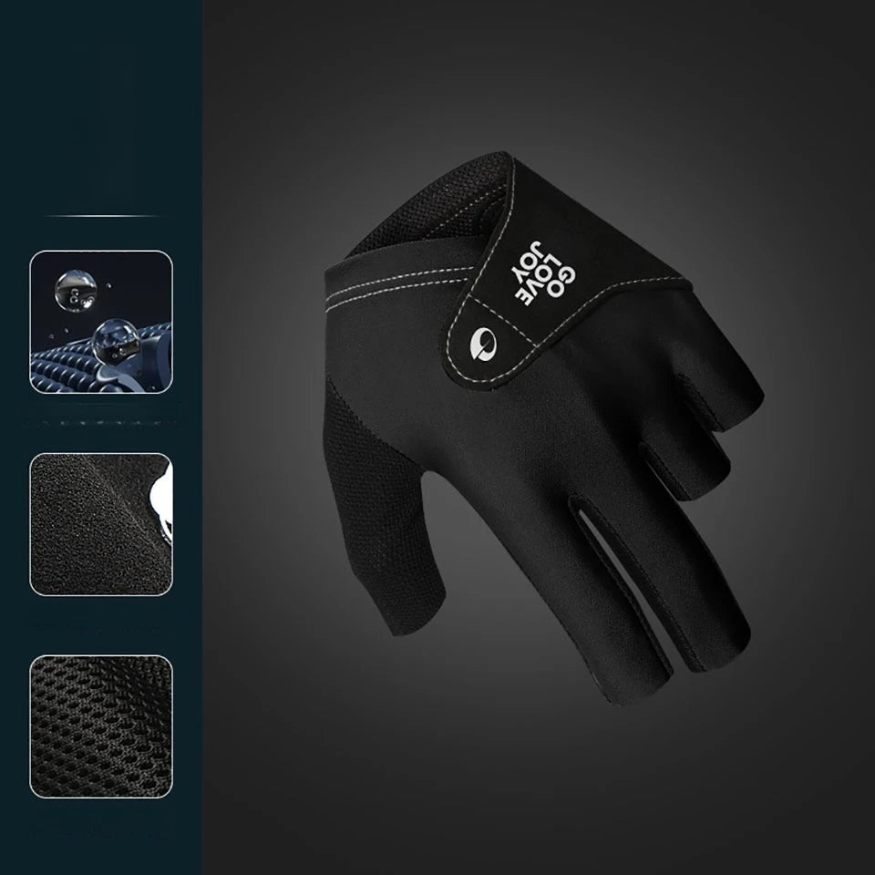 A black 3-finger snooker pool glove is shown against a dark gray background.