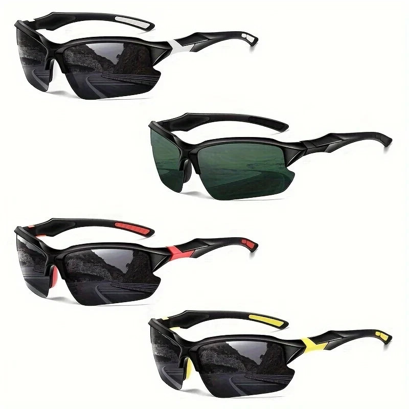 A set of black polarized sunglasses shown in various styles and colors