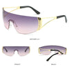 A pair of Y2K futuristic gradient sunglasses shown from the front and back views.