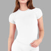 A white performance fitness short sleeve top for women shown on a model.