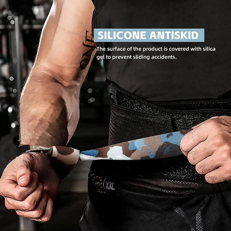 A person wearing a black shirt is using silicone antiskid gym weightlifting straps for deadlifts.