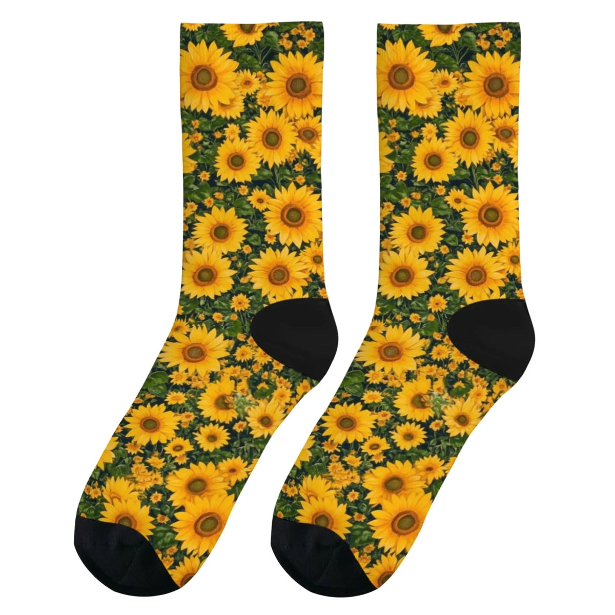 A pair of breathable crew socks featuring a vibrant yellow and green sunflower print.