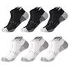 A pack of six athletic mesh ankle socks in black and gray patterns.