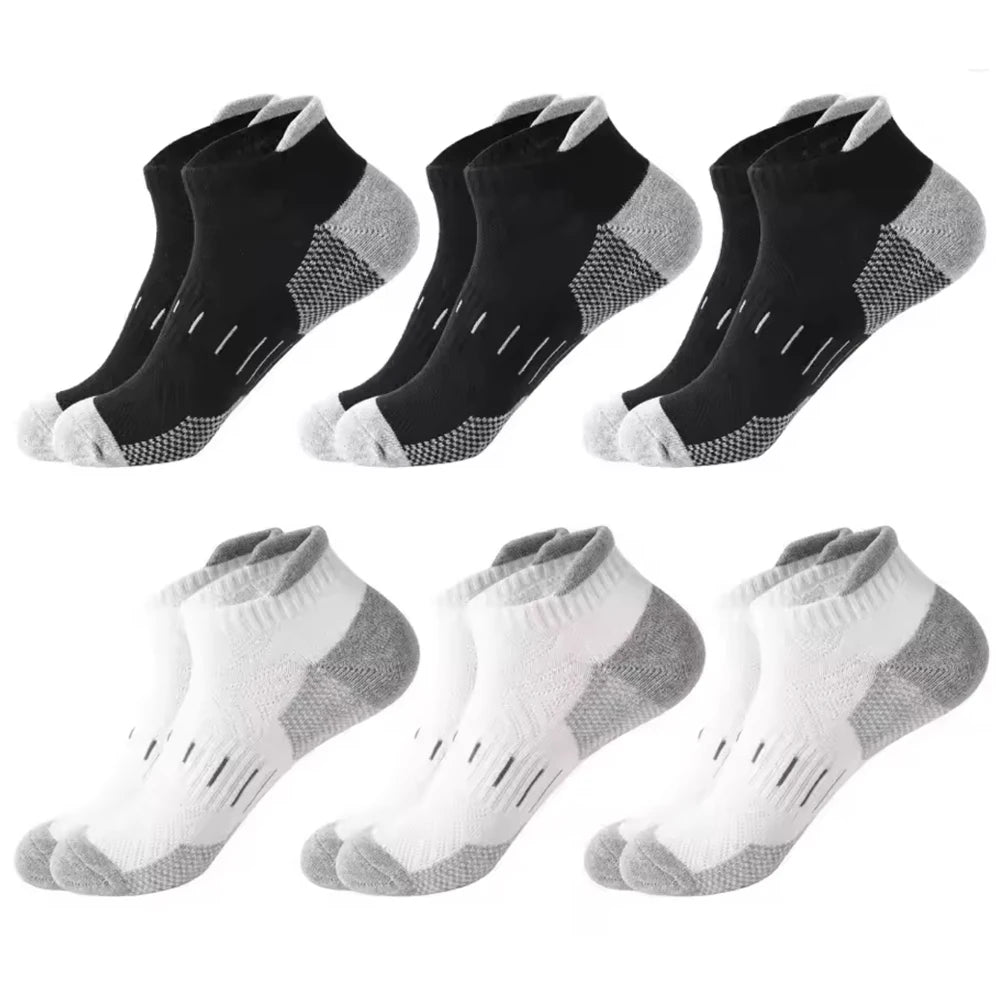 A pack of six athletic mesh ankle socks in black and gray patterns.
