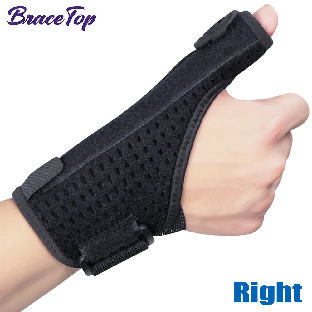 A black BraceTop wrist and thumb support brace worn on a hand.