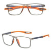 A pair of TR90 sports reading glasses with gray frames and orange accents.