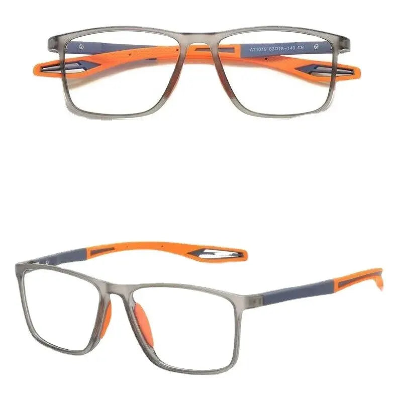 A pair of TR90 sports reading glasses with gray frames and orange accents.