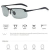 A pair of gray photochromic polarized sunglasses shown with various dimension measurements and face shapes.