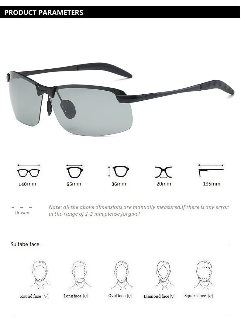 A pair of gray photochromic polarized sunglasses shown with various dimension measurements and face shapes.