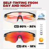 Pair of self-tinting photochromic sunglasses showing different tint levels for indoor, outdoor overcast, and sunny conditions
