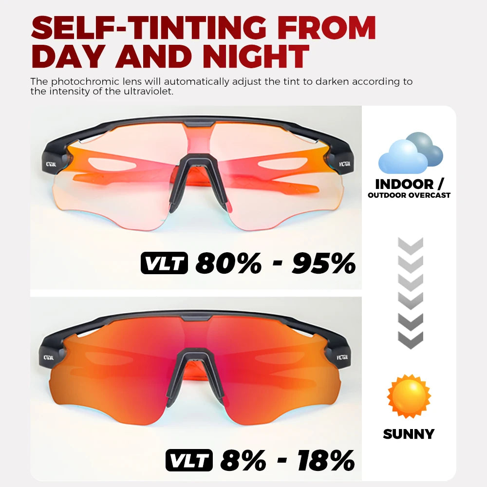 Pair of self-tinting photochromic sunglasses showing different tint levels for indoor, outdoor overcast, and sunny conditions