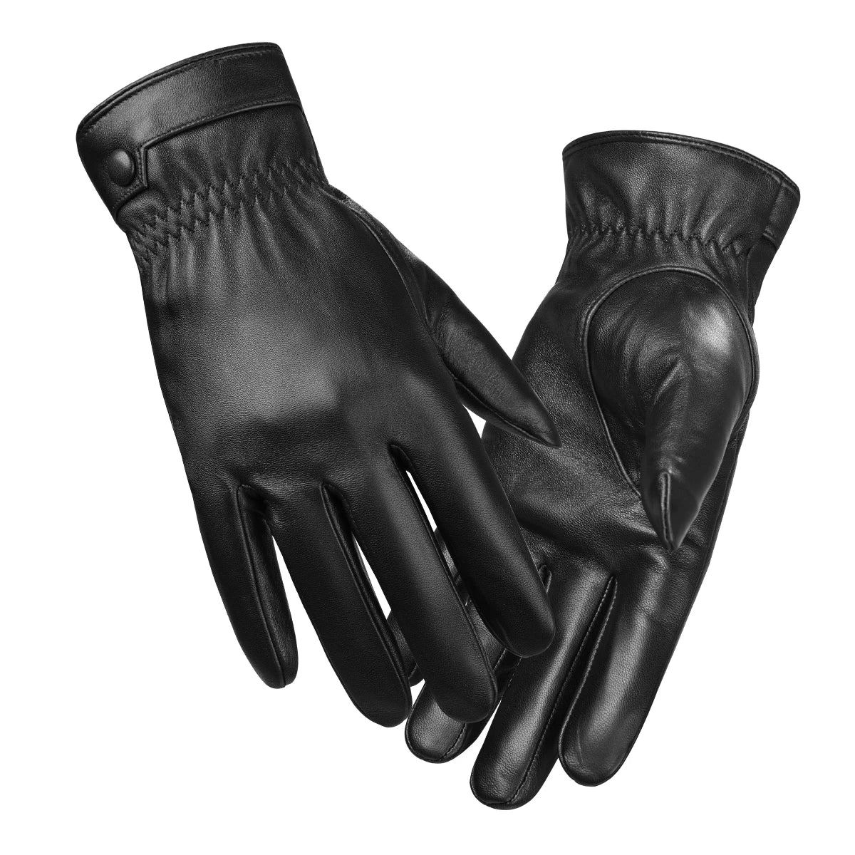 Une paire de gants d'hiver en cuir de mouton noir pour homme, sur fond blanc.
