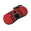 A red pouch with a black spider web design and a black strap.