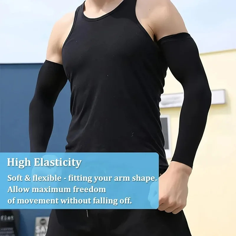 Black high elasticity arm sleeves worn on an arm, demonstrating flexibility and freedom of movement.