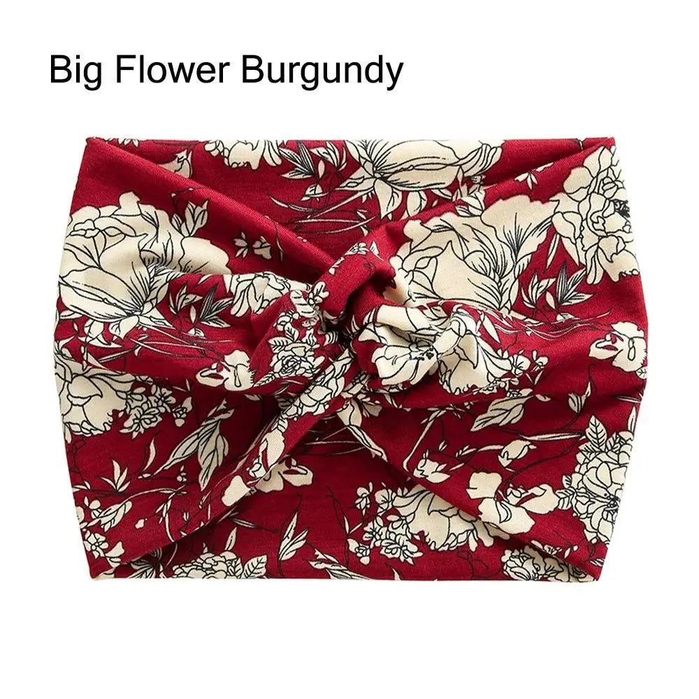 Bandeau en tissu floral bordeaux noué en nœud
