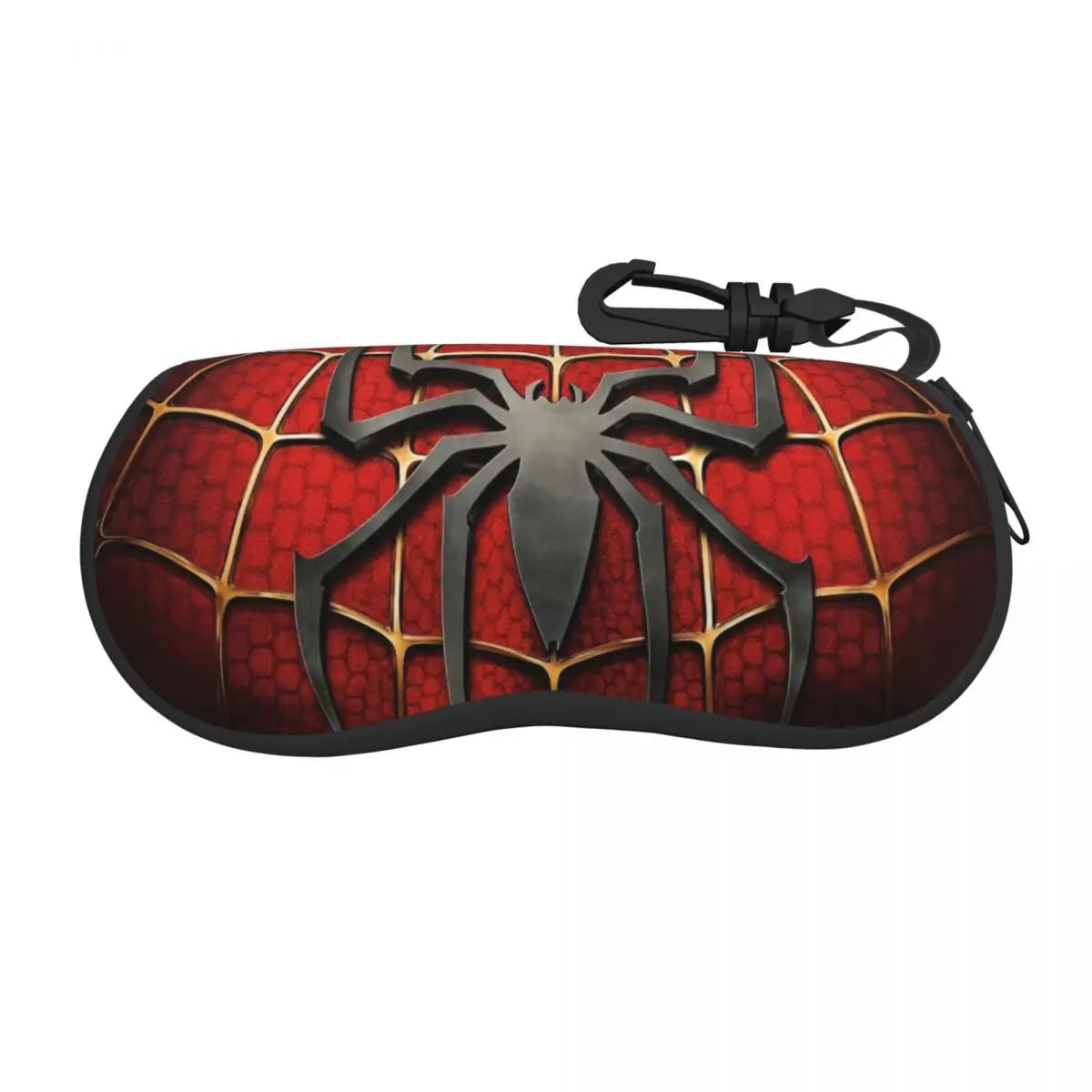 A black and red spider web patterned pouch with a strap, designed for eyeglasses.