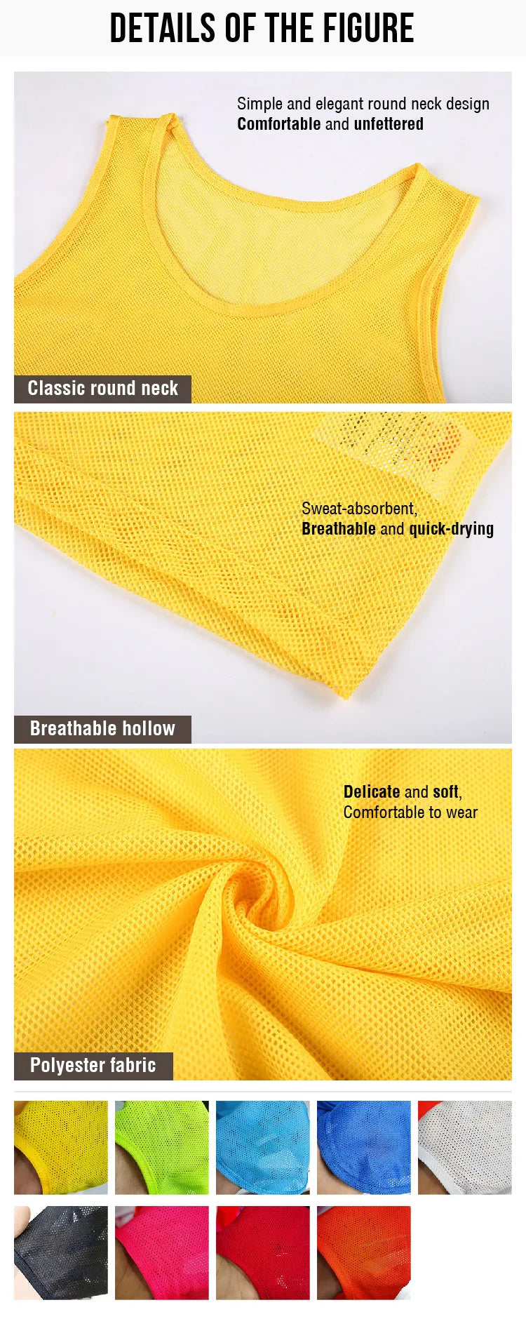 A yellow polyester soccer training vest with a round neck and breathable fabric texture.