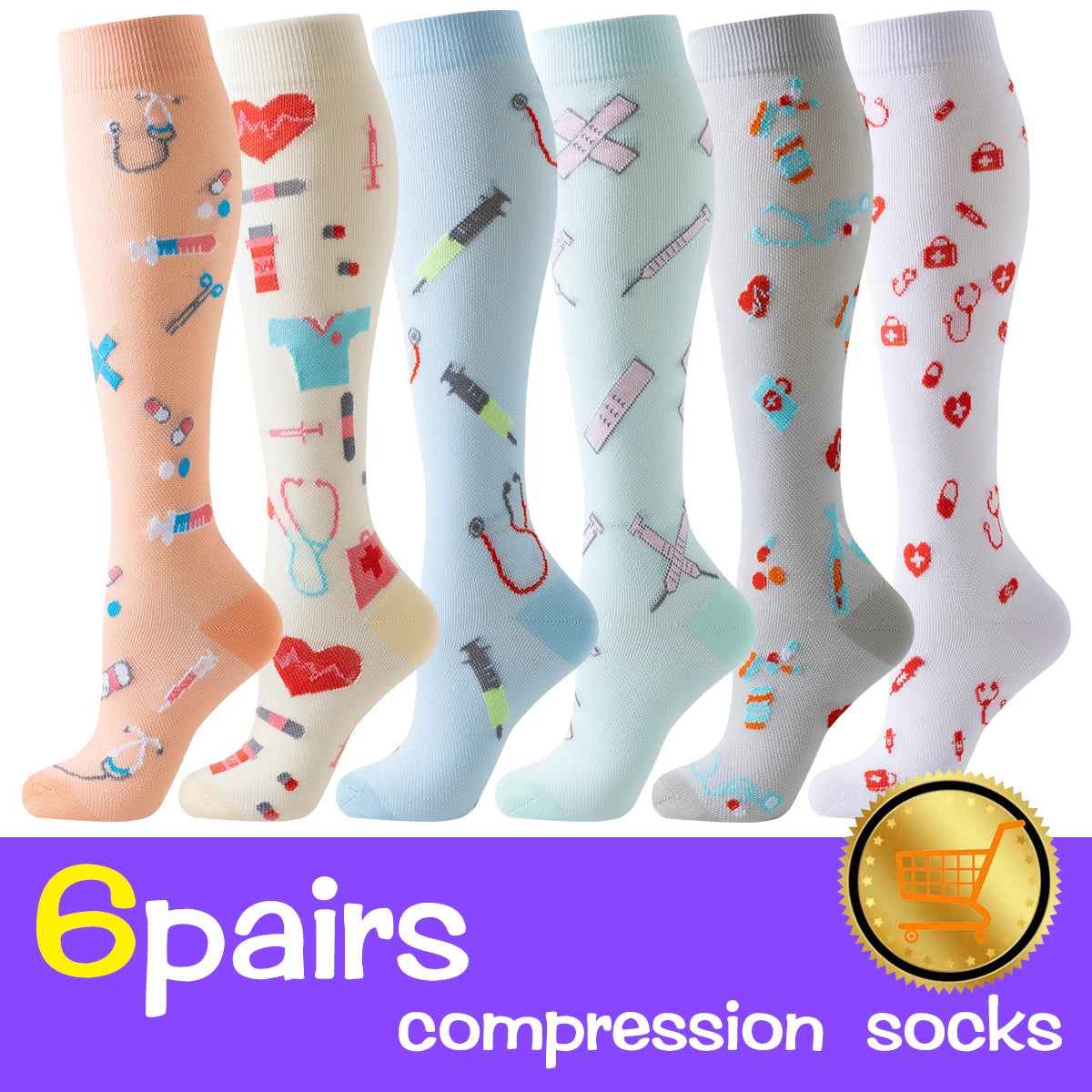 Six pairs of women's athletic knee-high compression socks in various pastel colors and patterns