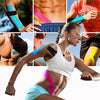Various applications of kinesiology tape on the body, including joints and muscles.