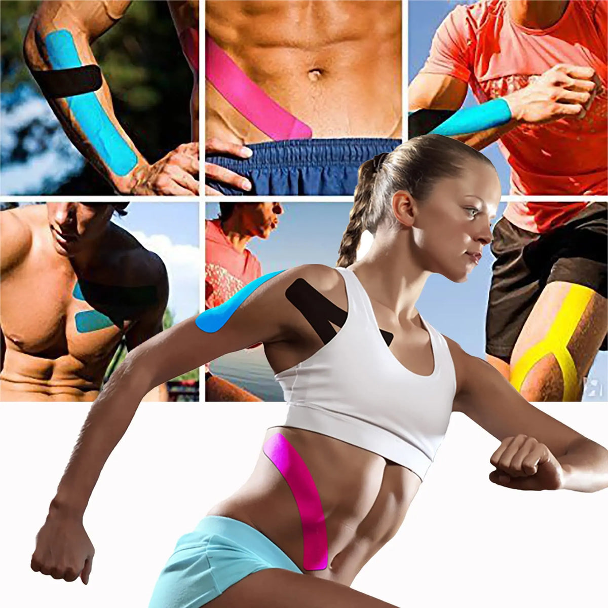Various applications of kinesiology tape on the body, including joints and muscles.