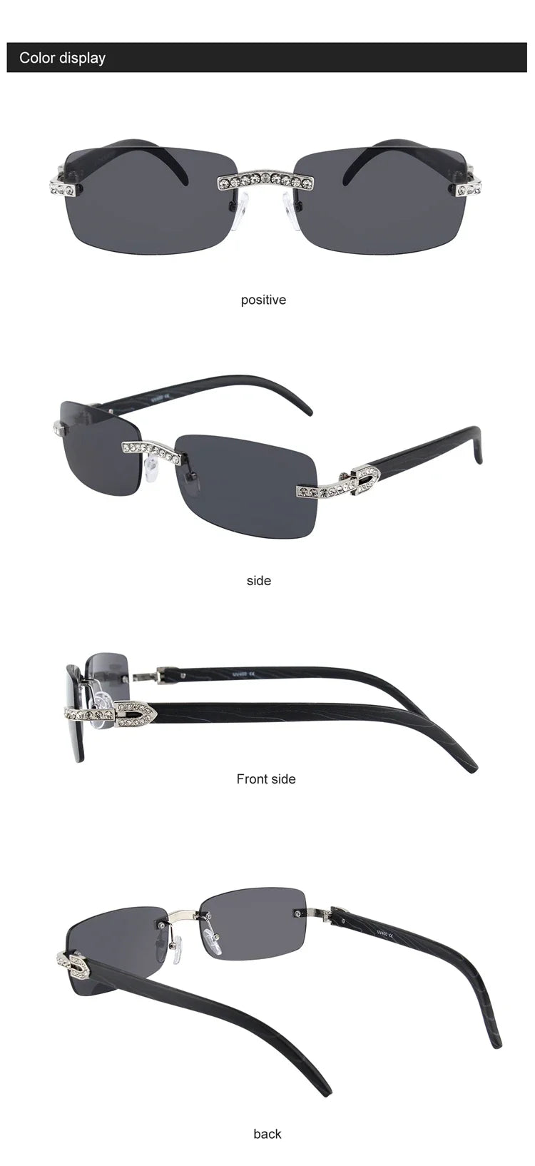 Un set de gafas de sol sin montura con pedrería negra, mostradas desde múltiples ángulos.