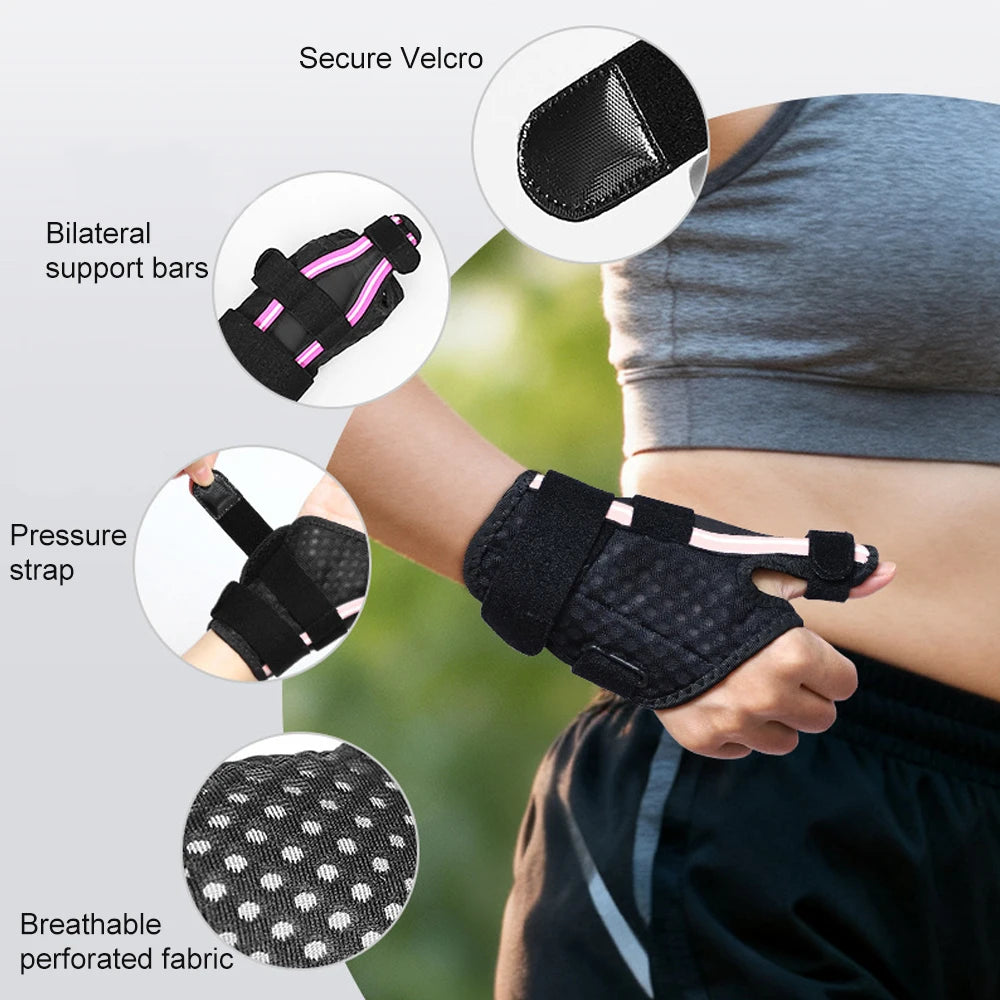 Un attelle ajustable pour le pouce noir avec velcro, barres de soutien, sangle de pression et tissu perforé respirant porté s